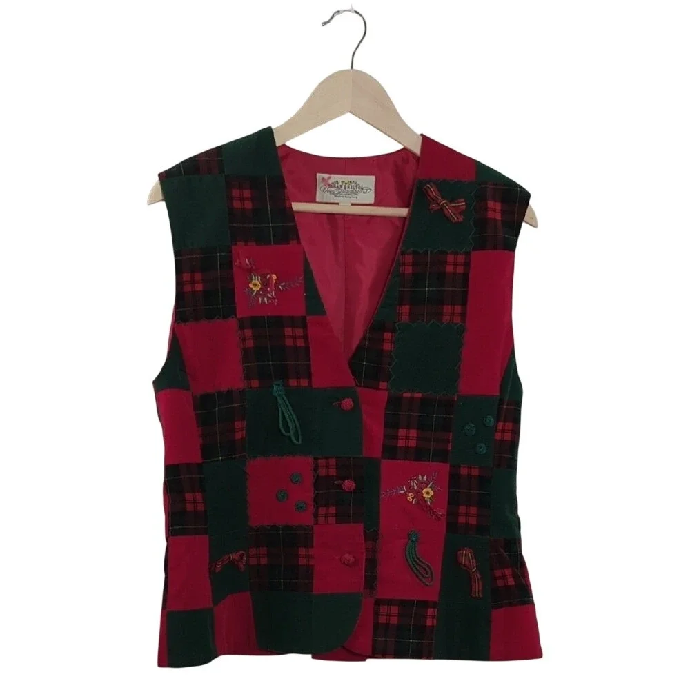 Vintage 90s Susan Bristol Patchwork Corduroy‎ Vest Holiday Christmas